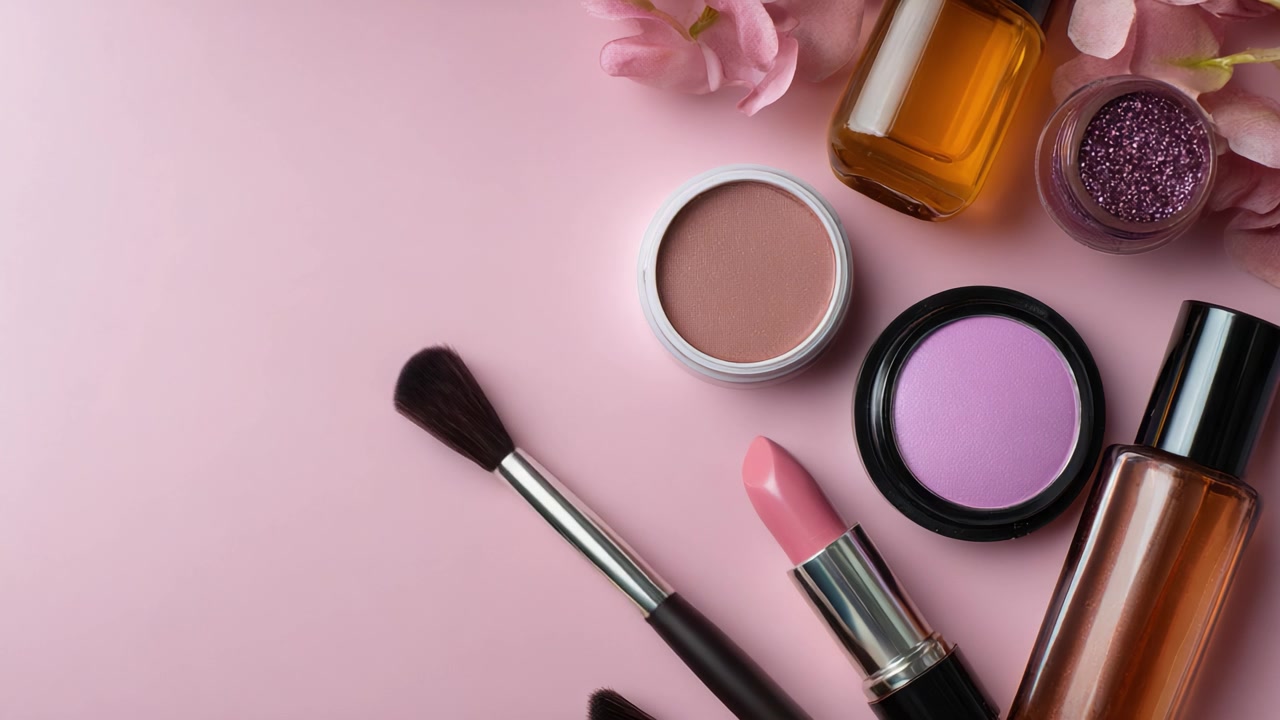 Assortimento Colorato di Prodotti di Bellezza Esposto su uno Sfondo Rosa Tenue con Accenti Floreali, Mettendo in Mostra gli Essenziali per il Trucco per Esaltare il Fascino Naturale