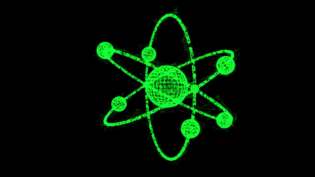 원자핵과 전자가 도에서 회전하는 원자의 행성 모델, 핵 나노 기술, 와이어 프레임, 낮은 폴리 메쉬 기술