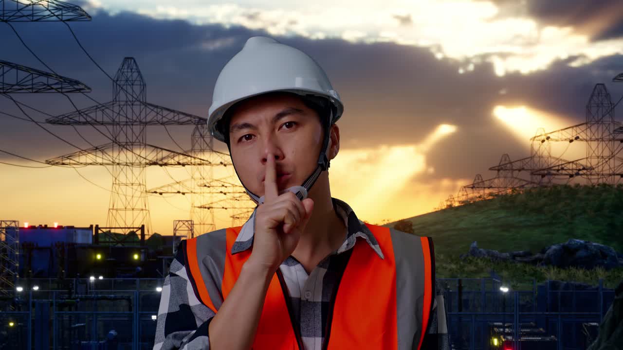 Nærbillede af asiatisk mandlig ingeniør med sikkerhedshjelm, der laver "shh"-gestus, mens han står nær et højspændingstårn.