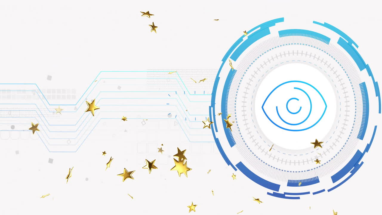 Circular tech interface rotating on white canvas, featuring eye icon, circuit lines and gold stars
