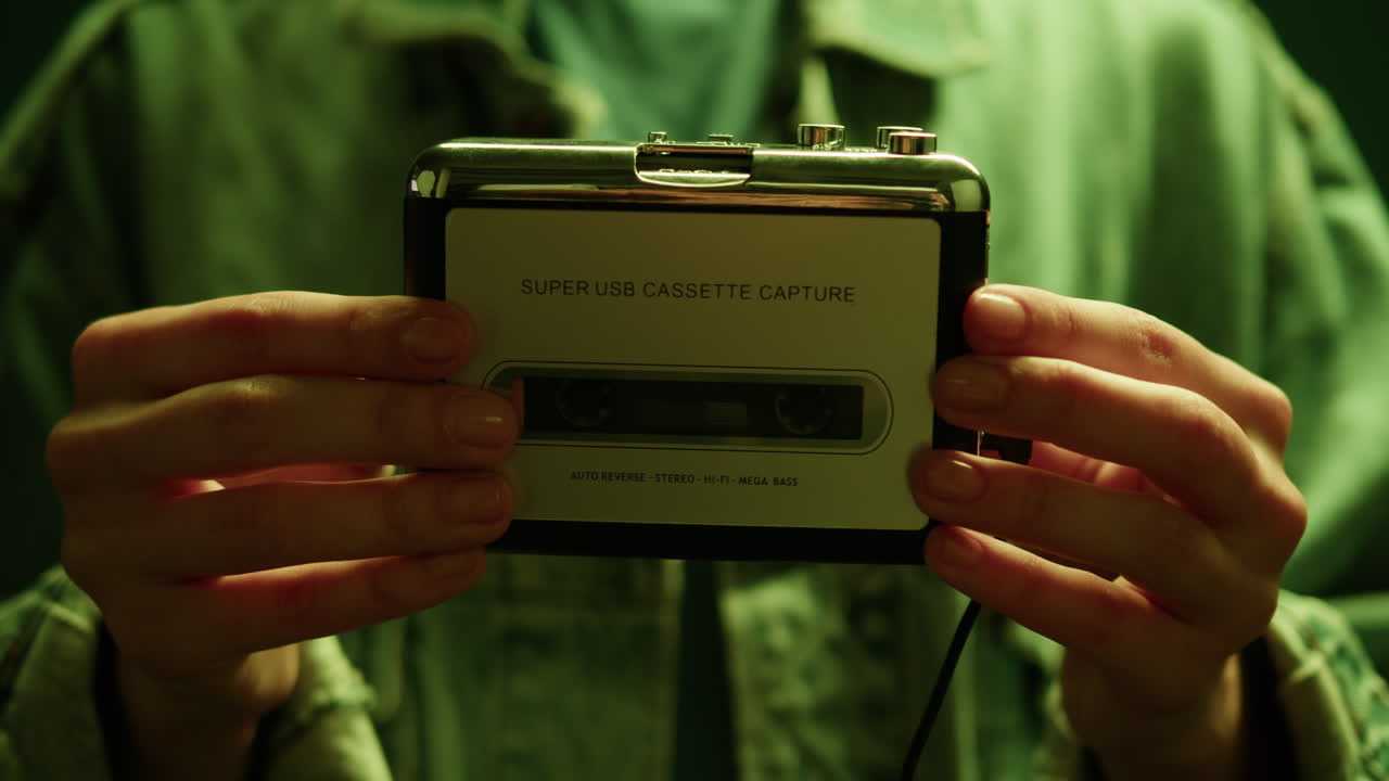 manos con un dispositivo de captura de cassette usb retro