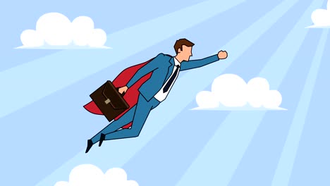 flat cartoon businessman character with case bag flying superhero with red cloak success concept animation