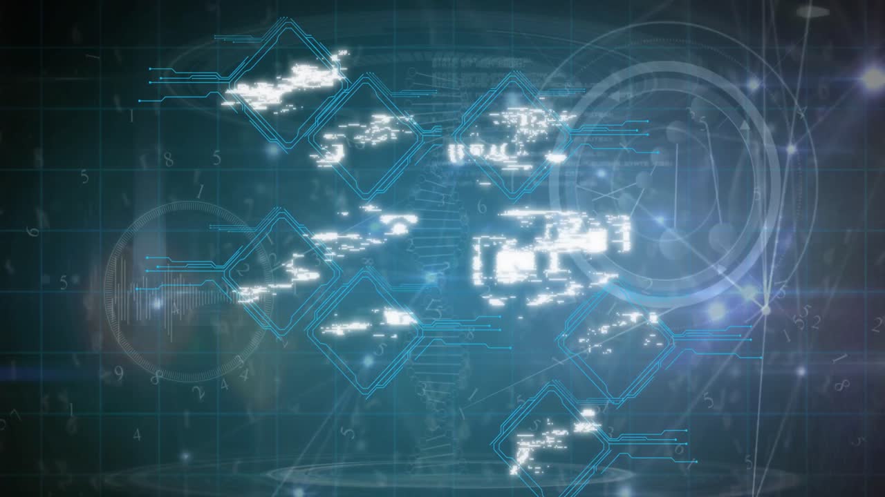 파란색 배경에 데이터 처리 및 연결 네트워크를 통해 디지털 아이콘의 애니메이션