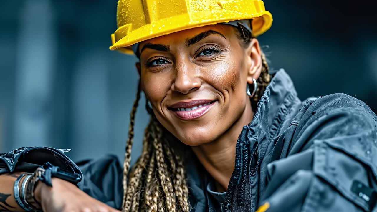 A woman wearing a yellow hard hat and a black jacket