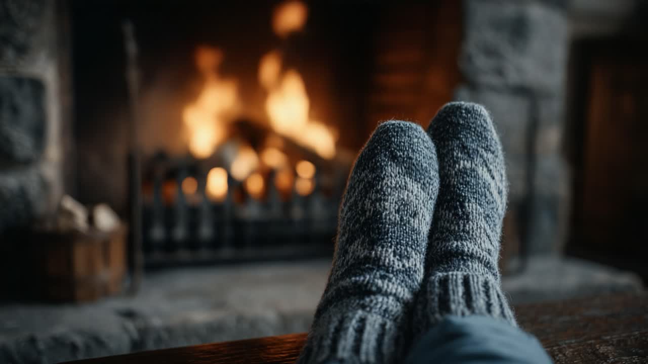 Cozy Winter Evening by the Fireplace: A Warm Perspective of Relaxation with Knitted Socks and Dancing Flames Enhancing the Comfort of Home