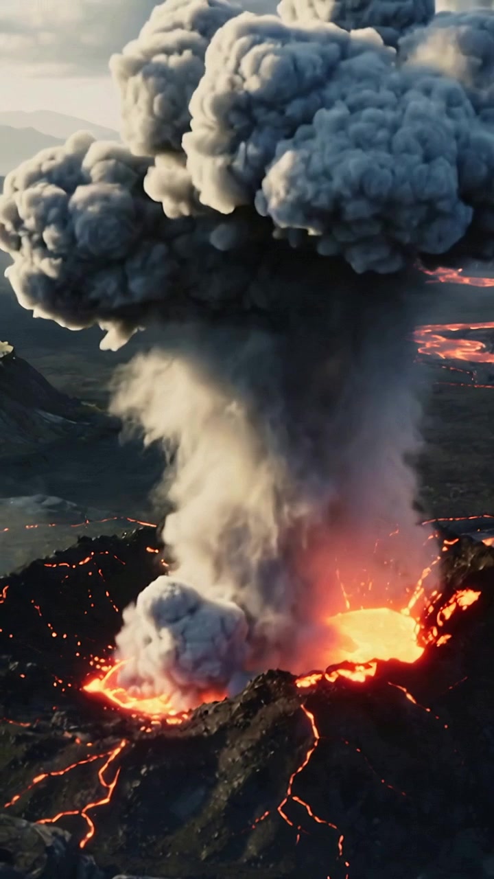 Video verticale: Cratere vulcanico in eruzione che emette lava incandescente e forma una nube a fungo su un altopiano