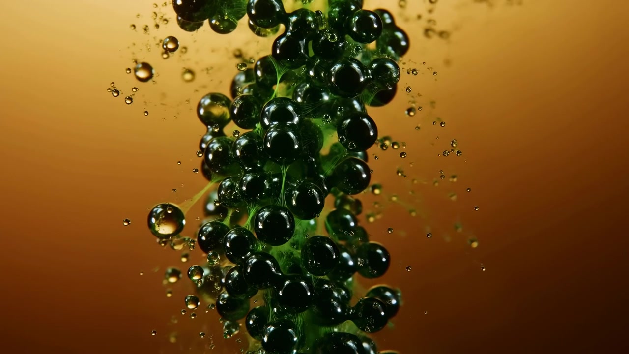 Reflective spherical forms shift within flowing green material as surrounding droplets move outward, creating layered depth and smooth highlights across a golden brown backdrop.