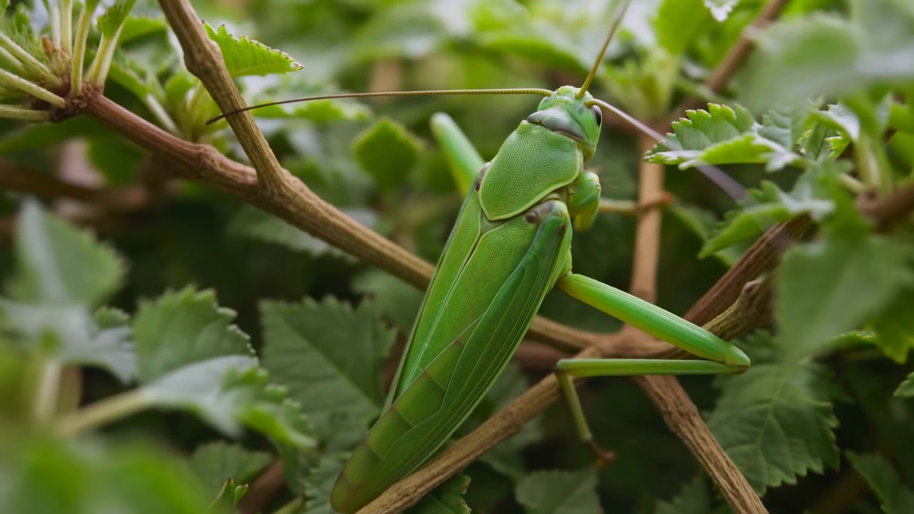 Cavalletta verde in primo piano appollaiata sull'edera, luce naturale soffusa, profondità di campo ridotta, calma immobilità, delicato