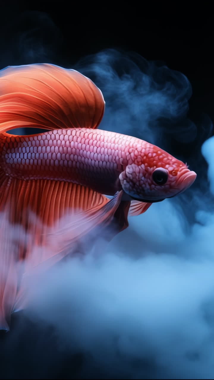 Betta fish swimming gracefully in water. A vibrant betta fish swims gracefully in swirling mist, creating an enchanting atmosphere.