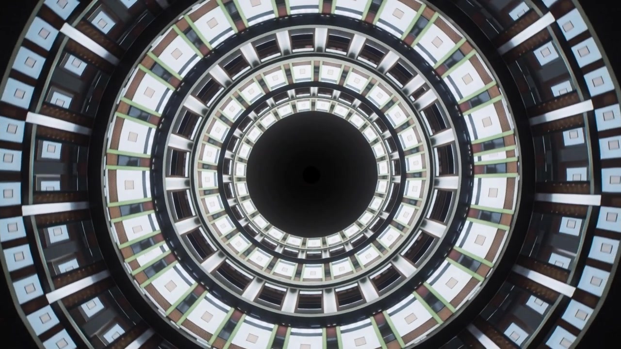 Anelli concentrici che si espandono muovendosi verso l'esterno durante la riproduzione, rivelando un nucleo scuro e finestre illuminate in un condotto