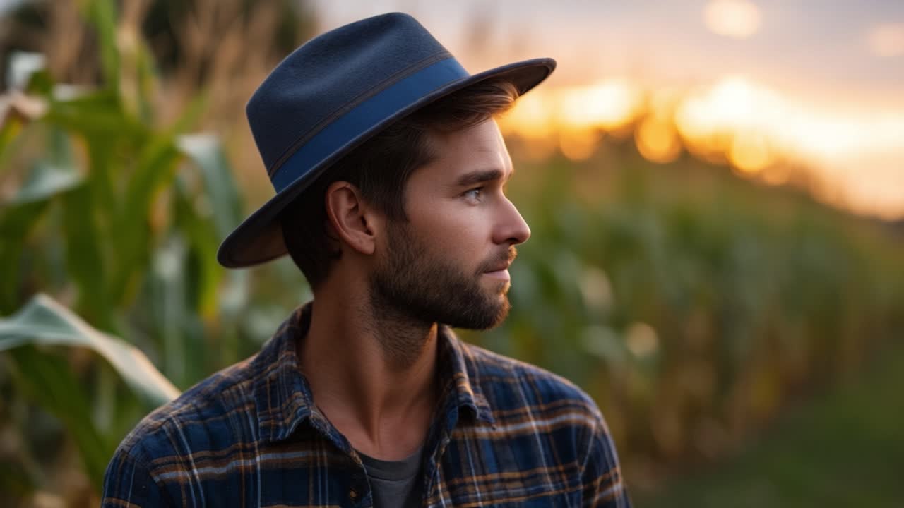 Momento contemplativo: un profilo di un giovane uomo pensieroso con un cappello in mezzo a un campo di mais al crepuscolo con uno splendido sfondo illuminato dal sole che crea un'atmosfera serena.