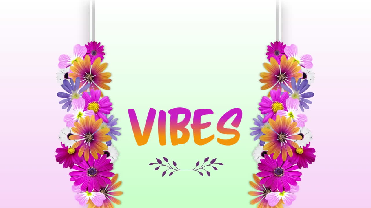 animación de vibraciones de texto con flores en un fondo colorido