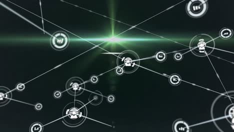 animación de la red de conexiones con iconos sobre fondo verde oscuro