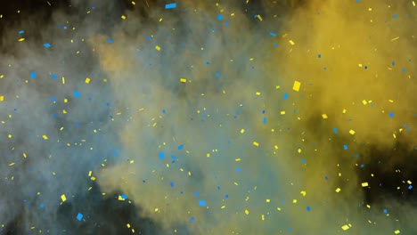 Animation-of-blue-and-yellow-confetti-and-coloured-powder-falling-on-black-background