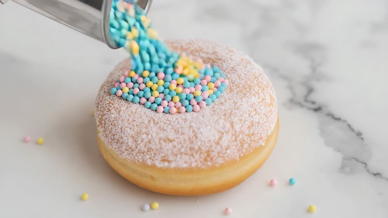Cucchiaio che versa confettini pastello nel foro di un donut cosparso di zucchero a velo su un ripiano di marmo, decorazione di un donut