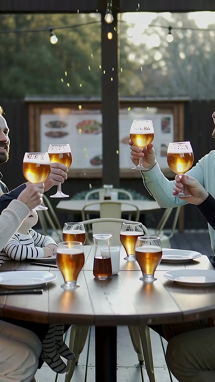 Vertical video: Conversing two men in sweaters holding child toasting beers at patio