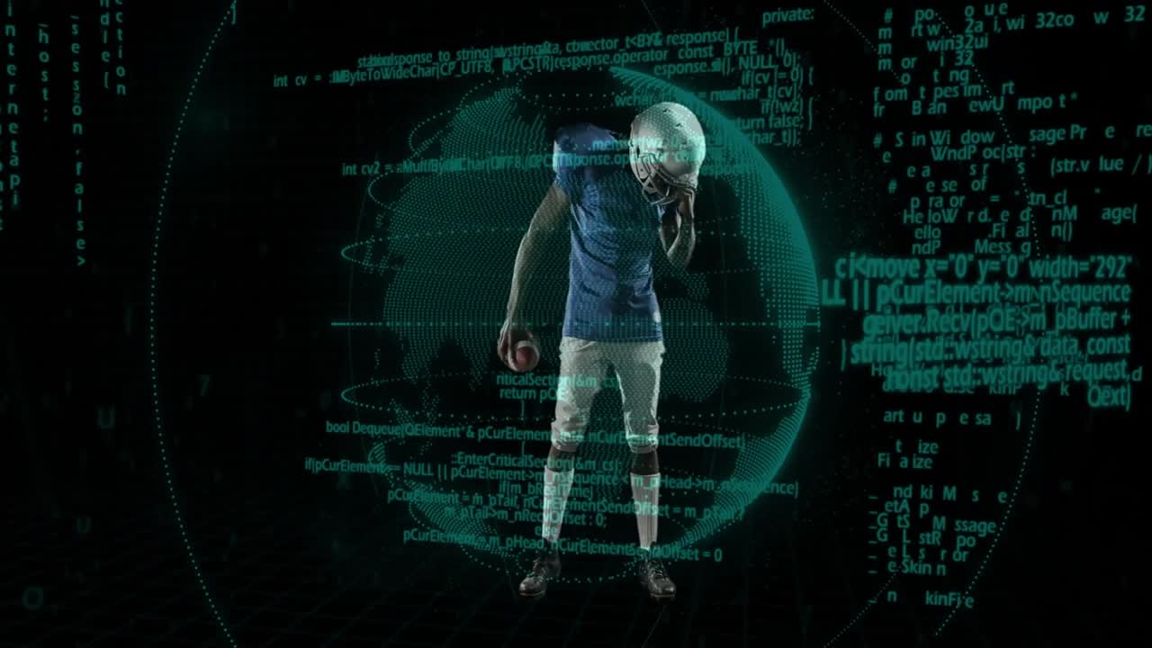 Male athlete using sports tech code interface while shifting football and gripping helmet for game