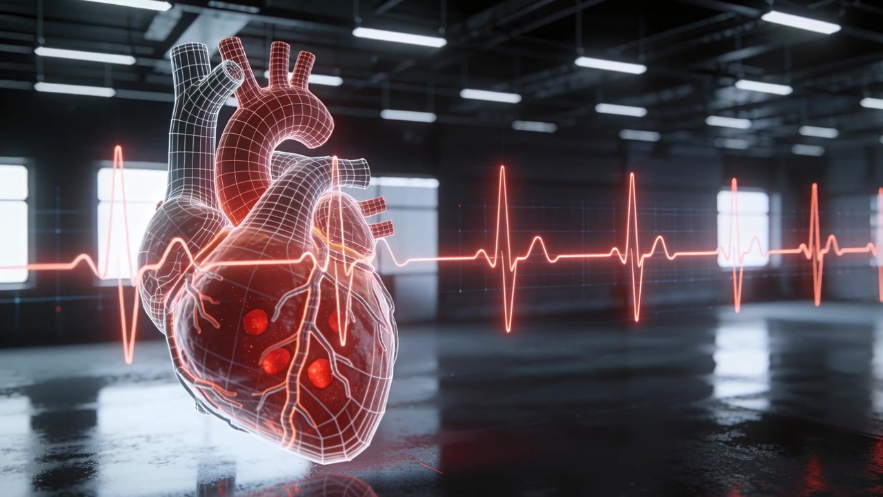 Pulsing hologram heart model shifting in bay, with ECG waveform pulsing and reflecting on floor