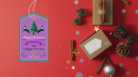 animación de feliz navidad y feliz año nuevo texto en etiqueta sobre decoraciones en fondo rojo