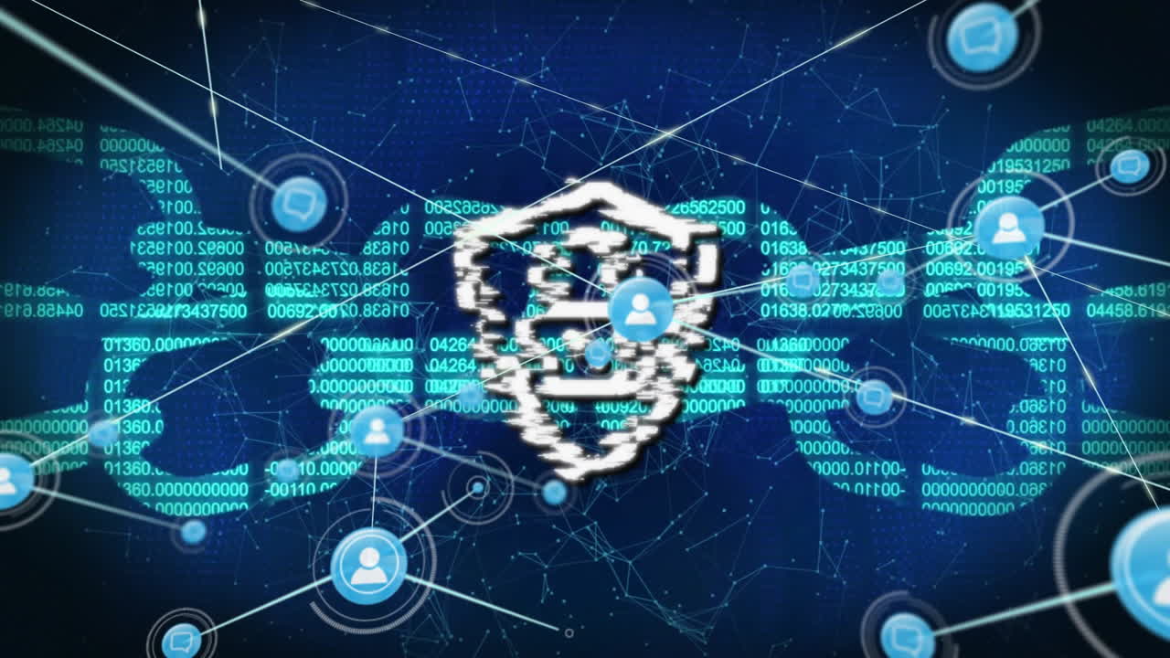 Animation of digital security shield with lock over binary code and user icons