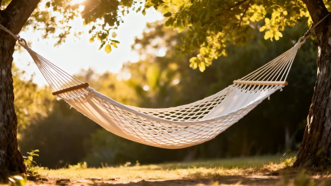 Amaca oscillante con barre distanziatrici e corde tra gli alberi nell'erba illuminata dal sole, mossa dalla brezza