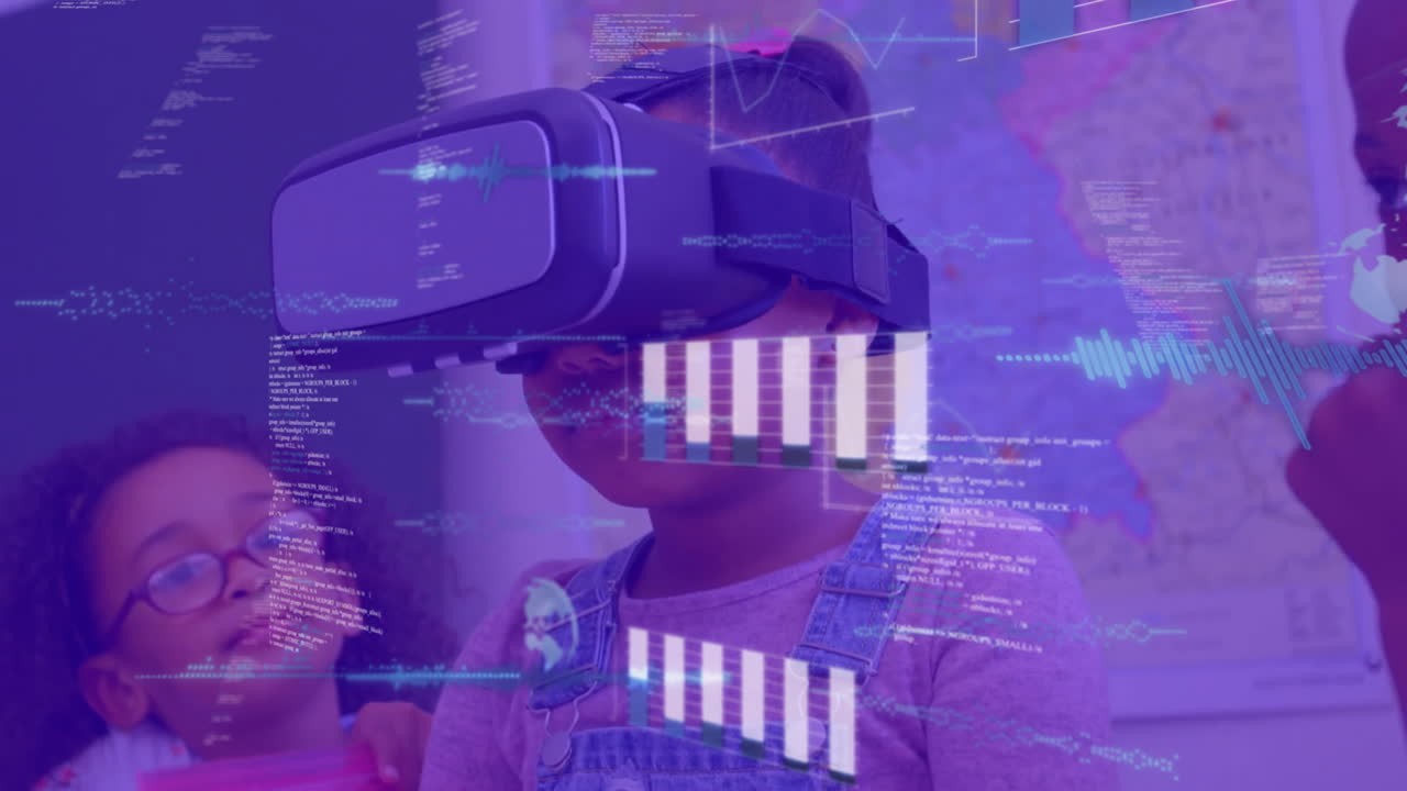 Animation of graphs, globe and computer language over biracial girl using vr headset