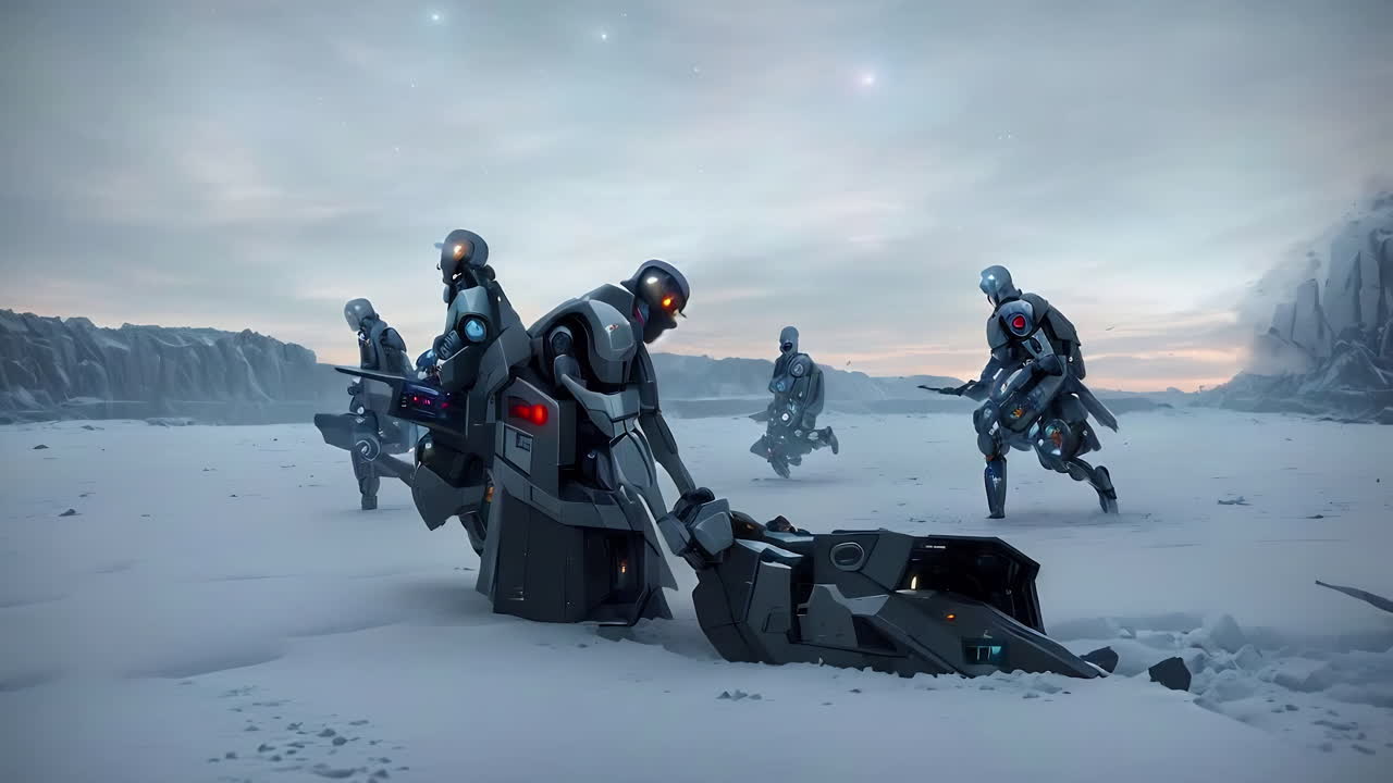 Robots Repairing a Damaged Vehicle in a Frozen Landscape