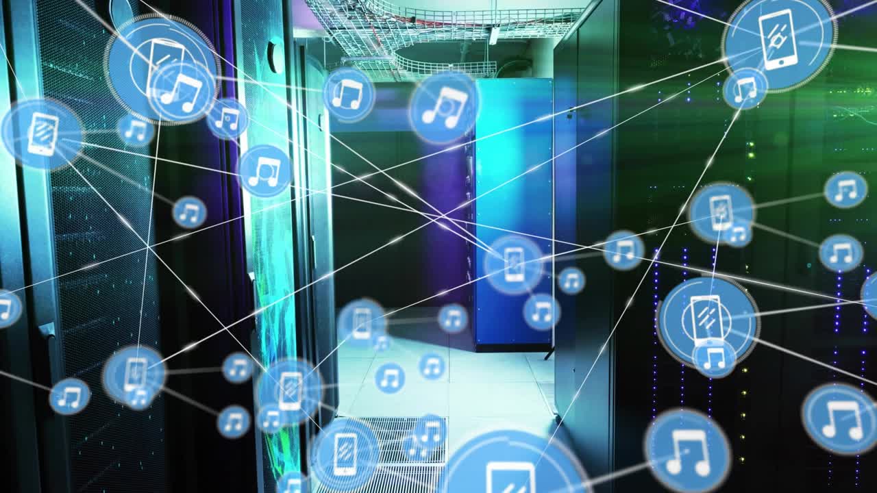 Icona centrale del telefono che appare, estende le linee e genera nodi, mostrando i dati collegati tra i rack