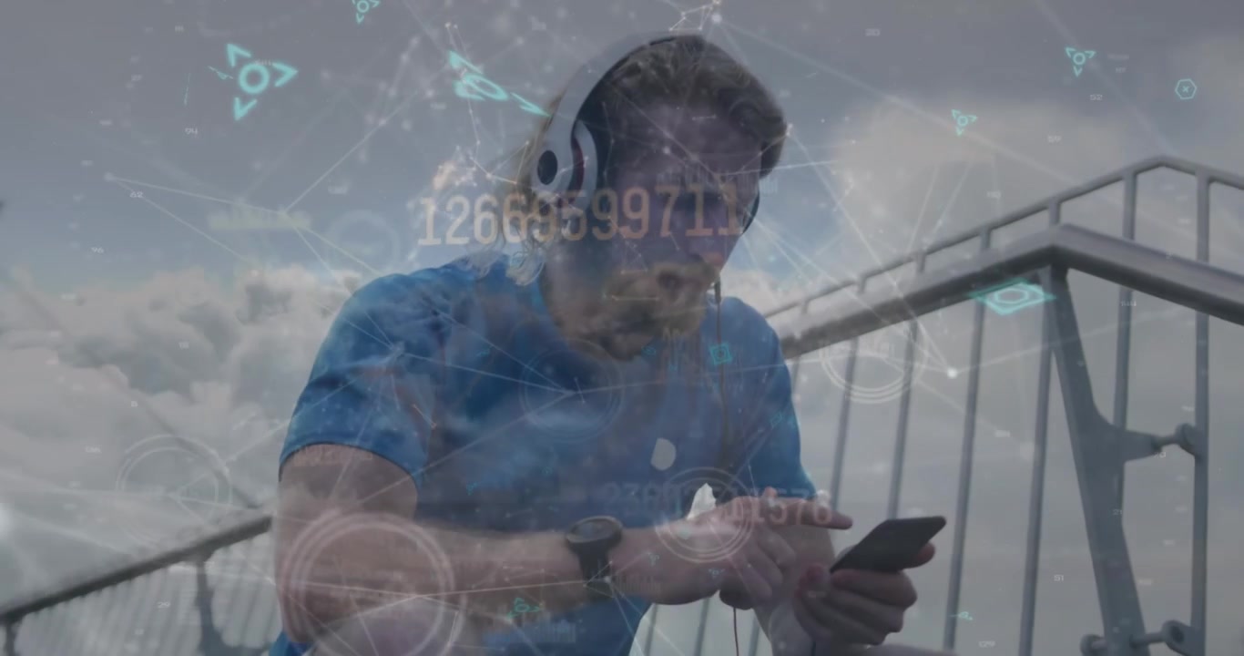 Animazione di punti collegati, cifre, nuvole, uomo caucasico che ascolta musica e usa il cellulare.