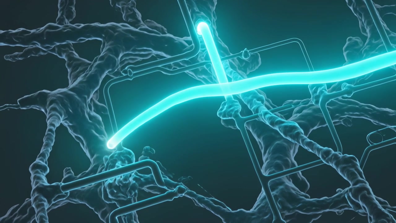 Moving cyan filament following short lit segment through neural mesh, docking to form lit node
