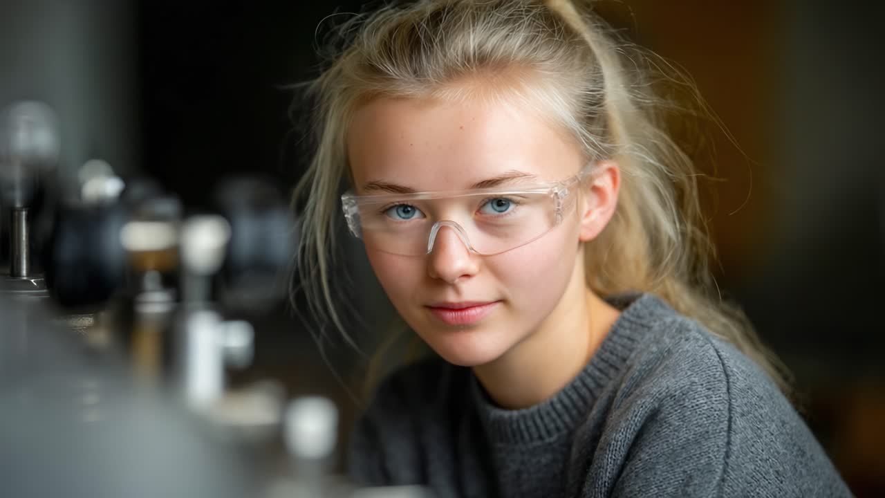 Young Female Scientist in Safety Goggles Engaged in Scientific Experimentation Within a Laboratory Setting, Showcasing Focus and Curiosity Towards Her Work