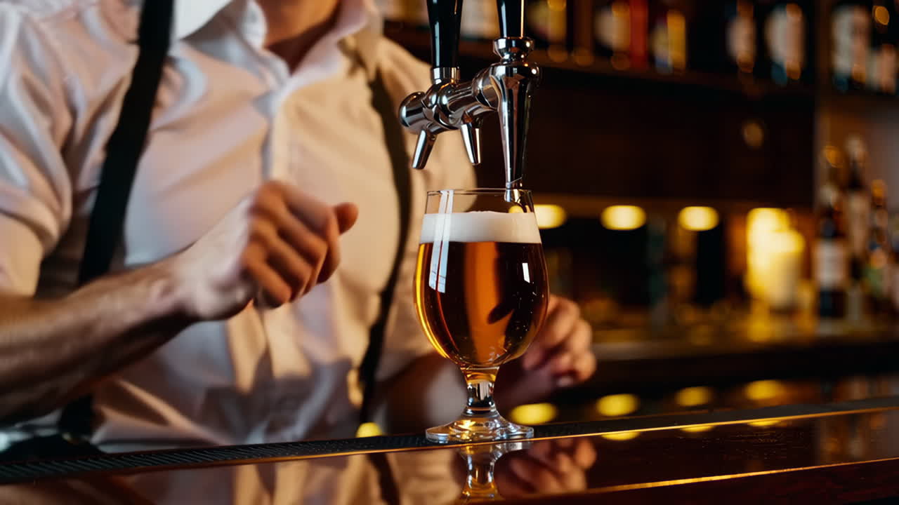 Bartender pouring beer into a glass at a bar