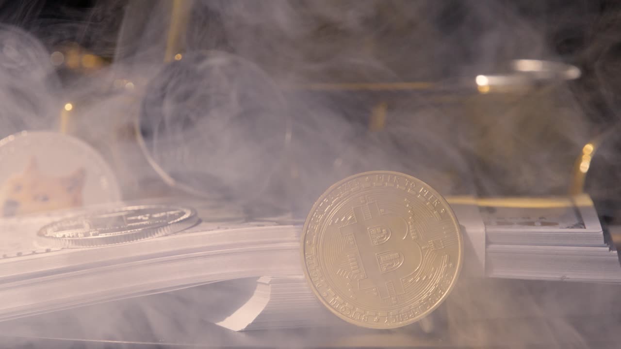 monedas criptográficas y fajos de billetes de dólar con