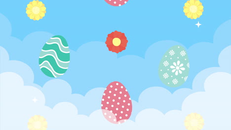 happy easter animated card with eggs painted and flowers in sky