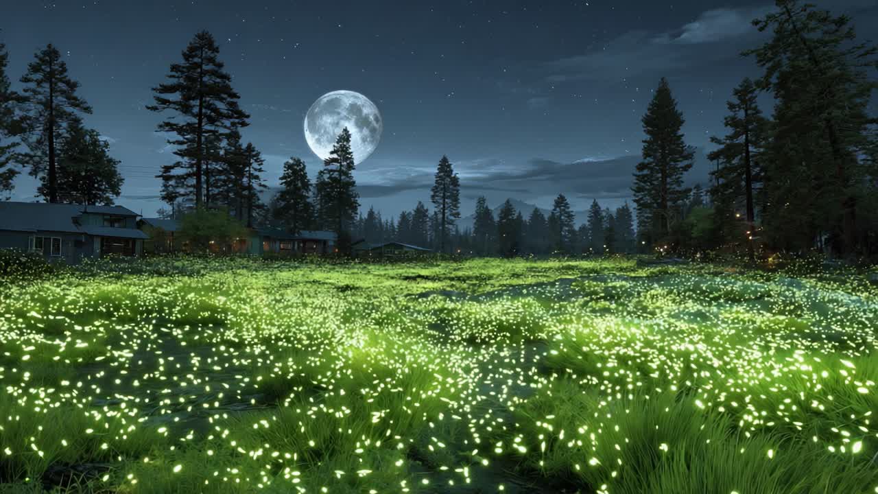 Una tranquilla scena notturna illuminata da lucciole sotto una luna luminosa, con una vegetazione rigogliosa e alti alberi sempreverdi che creano un'atmosfera magica