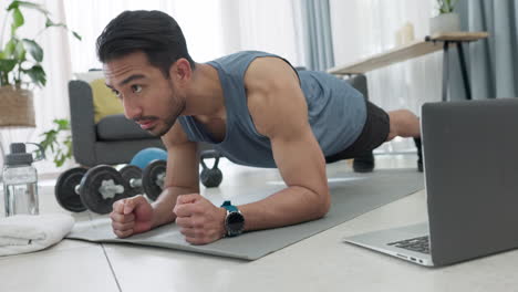 fitness, plank and virtual home exercise of man