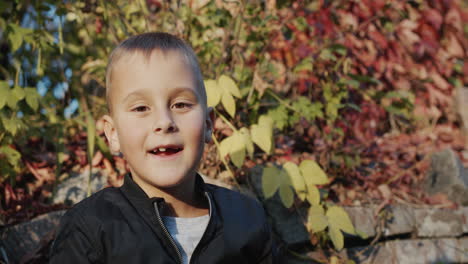 Retrato-De-Un-Lindo-Niño-Caucásico-En-El-Parque-De-Otoño