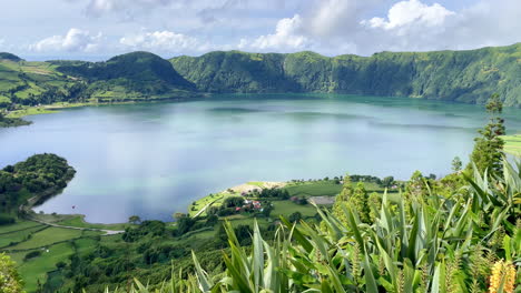 stunning crater massif with twin lake in beautiful landscape of azores