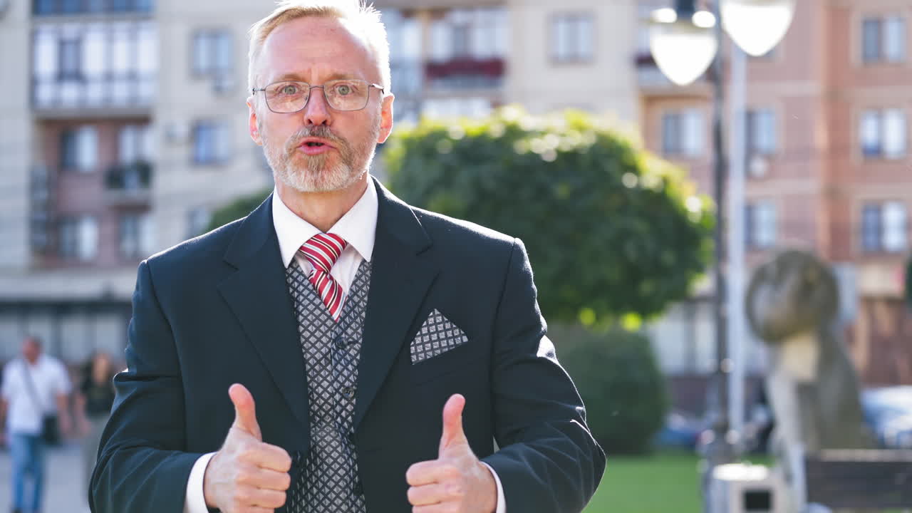 Mature businessman talking on the mobile phone outdoors. Successful elderly business man finishes talking on the phone and shows yes gesture by his hands.