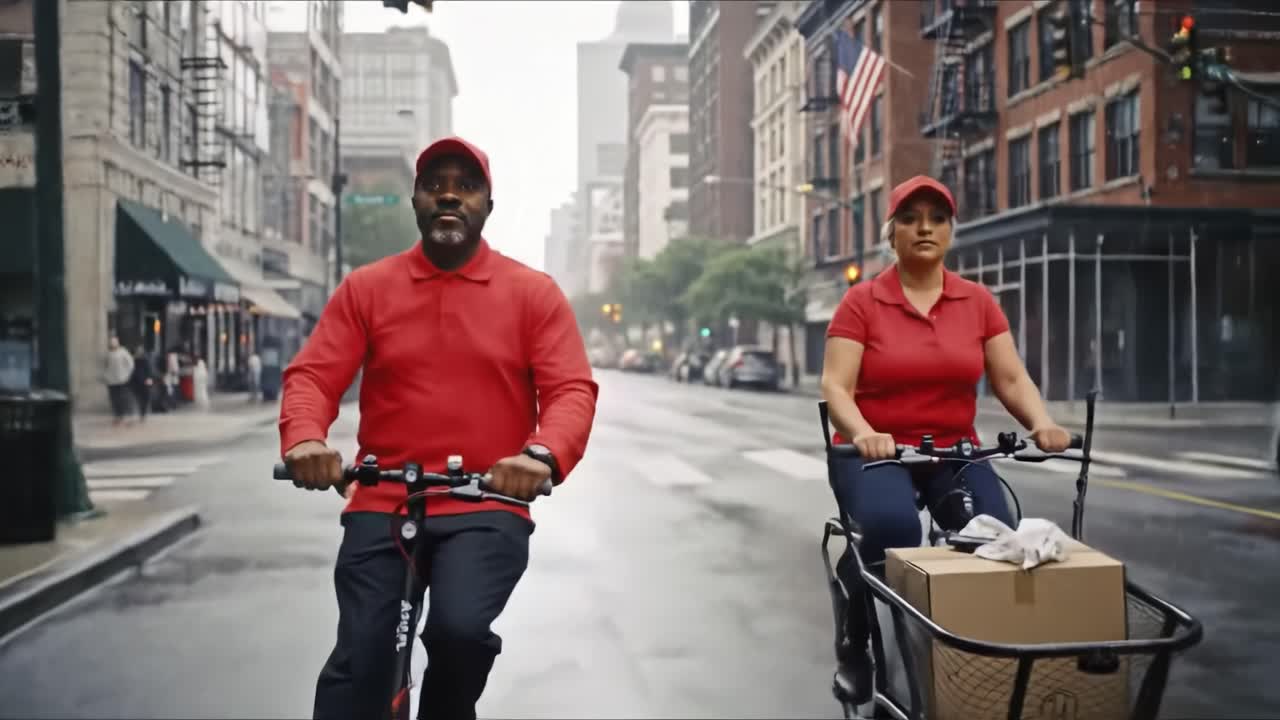 Two cyclists dressed in red are riding through a wet city landscape. The man leads while the woman follows, both focused on their delivery task in a bustling urban environment.