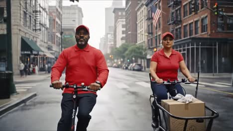 two cyclists dressed in red are riding through a wet city landscape. the man leads while the woman follows, both focused on their delivery task in a bustling urban environment.