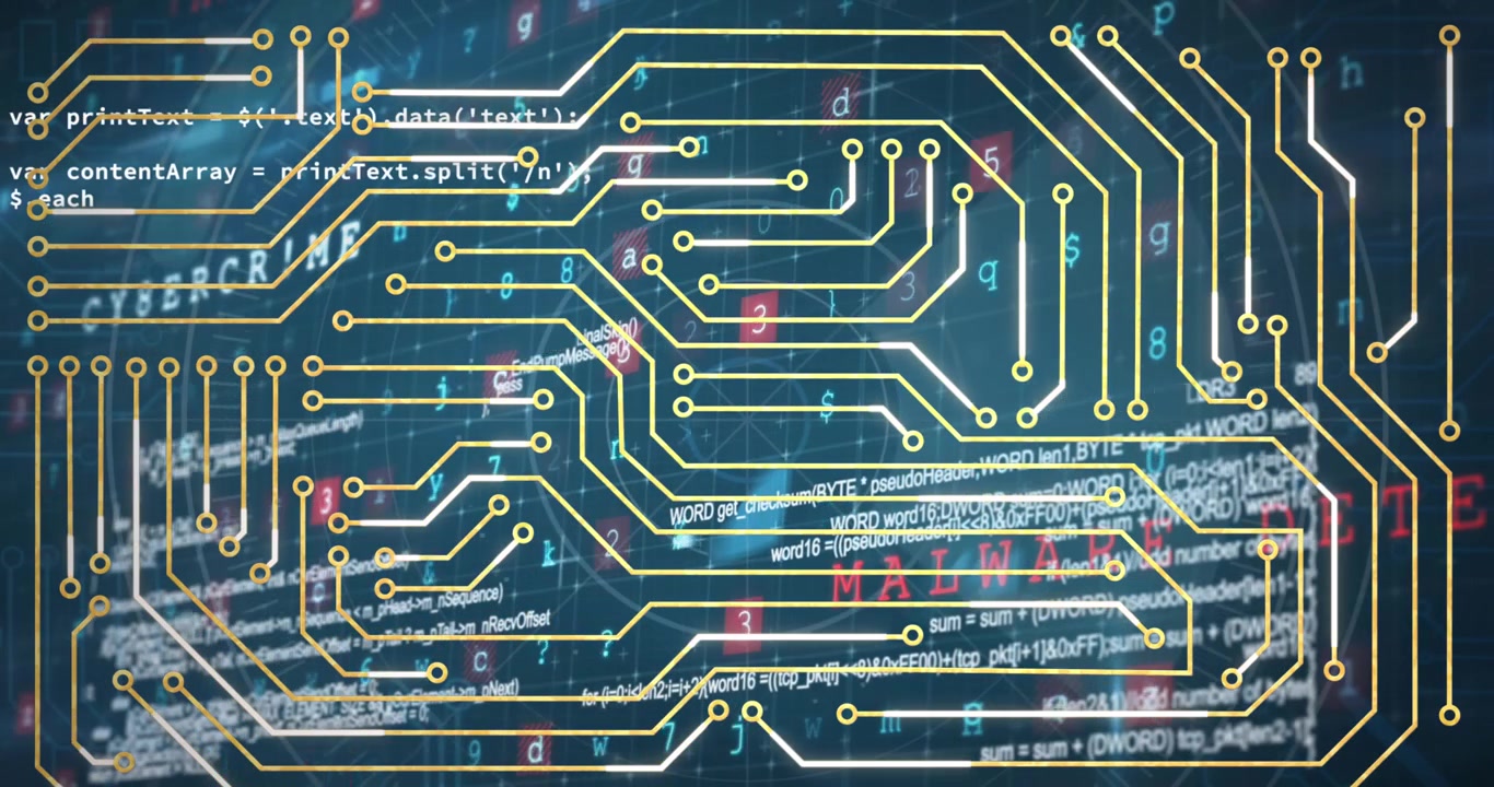 Animation of data processing and integrated circuit over navy background