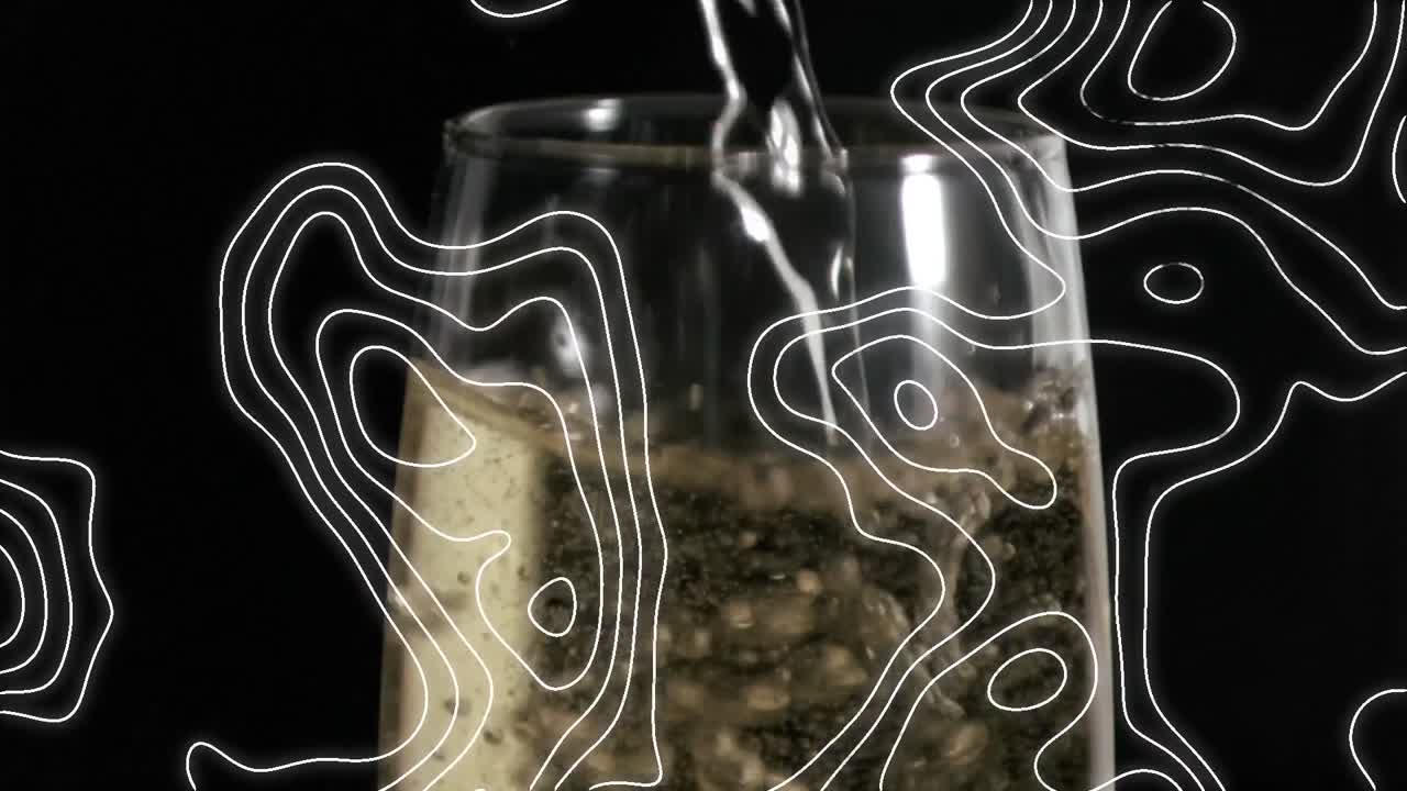Animation of white lines pattern over glass of champagne on black background