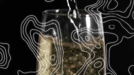Animation-of-white-lines-pattern-over-glass-of-champagne-on-black-background