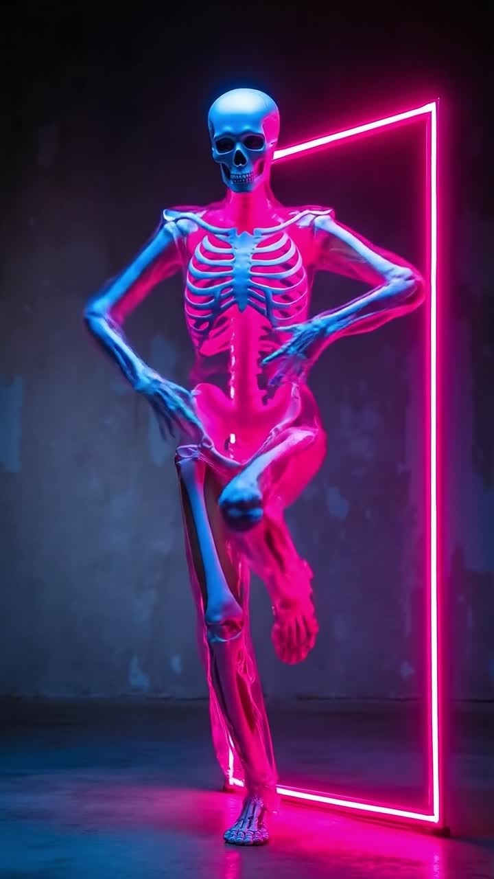 Robot umanoide artistico con scheletro luminescente esposto in posa in una cornice geometrica al neon
