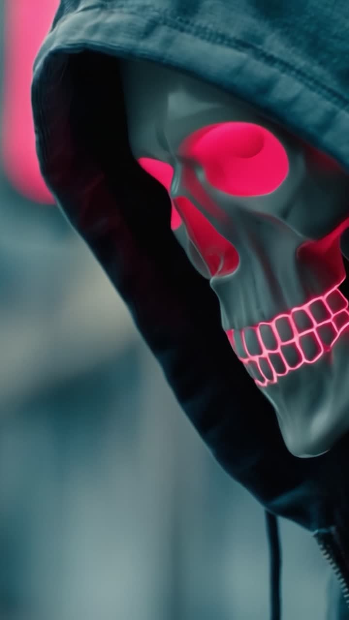 A Mysterious Skull Mask Glows in Neon Pink, Merging the Thrilling Essence of Darkness with an Intriguing Aesthetic in a Shadowy Surrounding