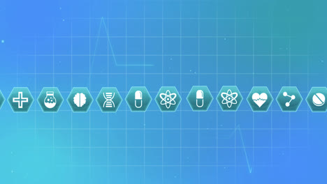 animation of medical icons and cardiograph on blue background