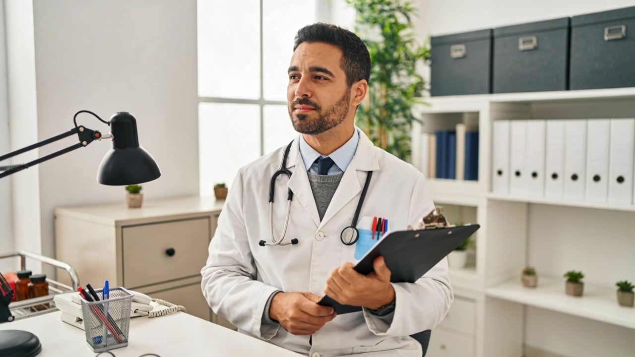 Clipe começando com médico de jaleco segurando prancheta, virando, piscando e pensando na clínica, estetoscópio