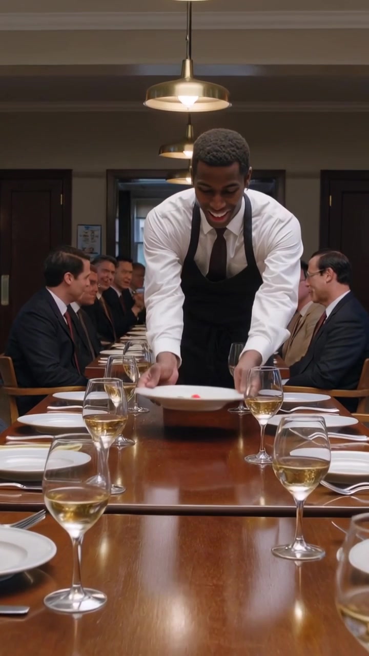 Vertical video: Entrance cueing waiter in apron walking dining table, placing dish for men in suits