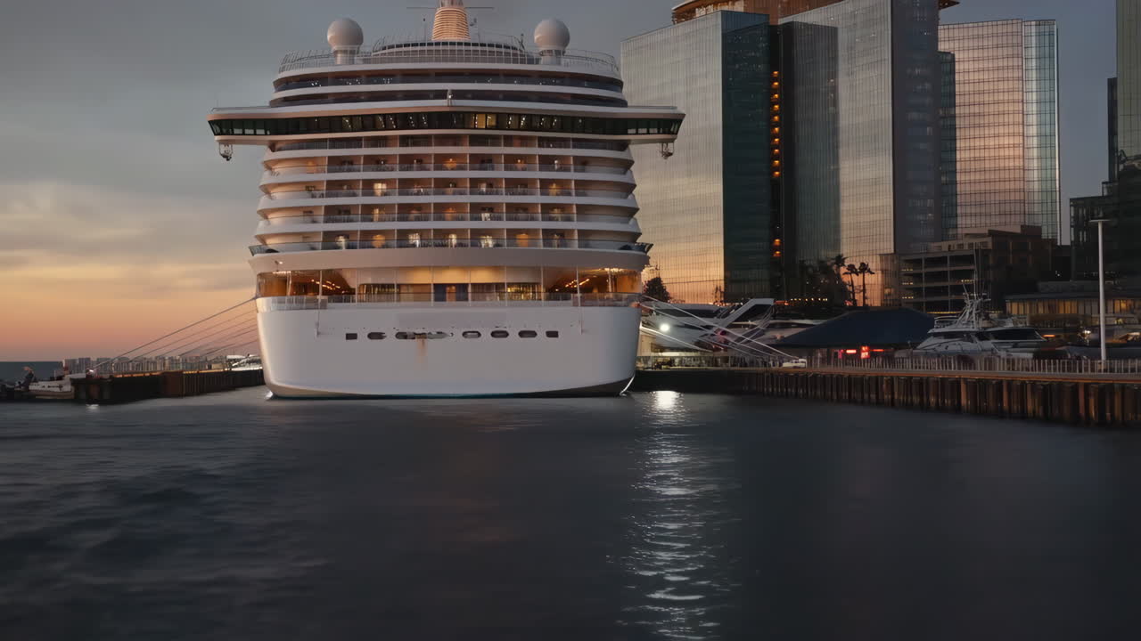 Large Cruise Ship Docked at City Harbor During Evening